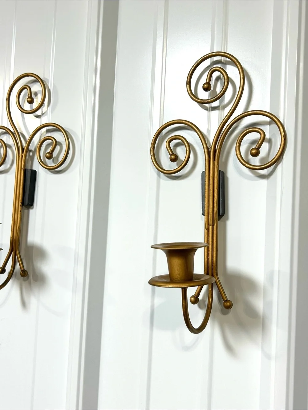Home Interiors Vintage Antique Gold Metal Scroll Wall Sconce Pair Taper Candles